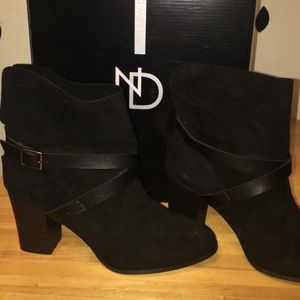 Suede chunky heeled boots with belt and zippers
